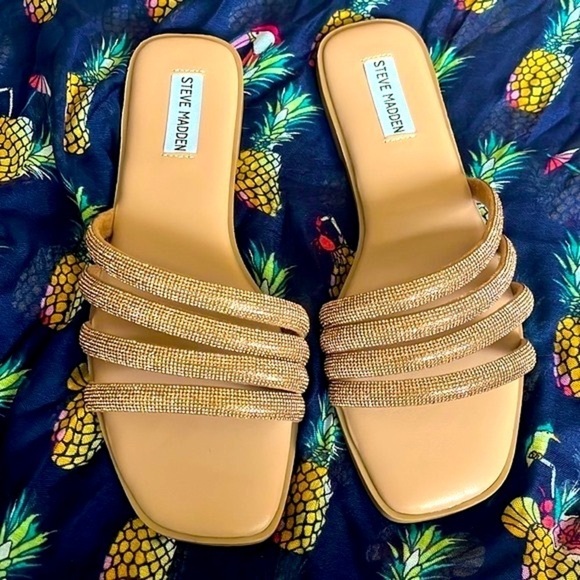 Brand New Steve Madden Rhinestone Multi-Strap Slip-On Sandals Bling Bronze Slide - Picture 14 of 15
